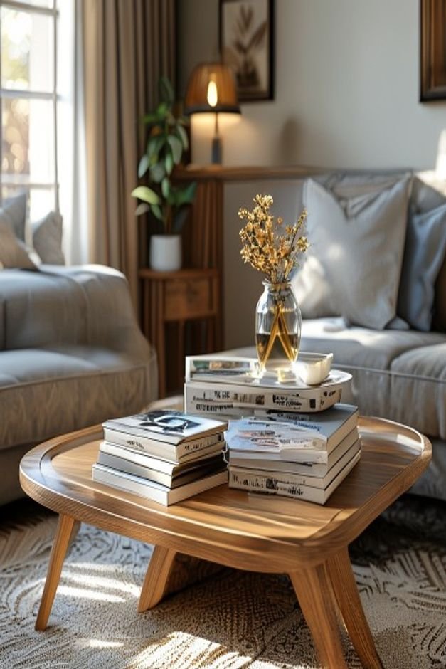 A detailed eye-level shot of a beautifully styled coffee table or console table vignette It features a stack of art book