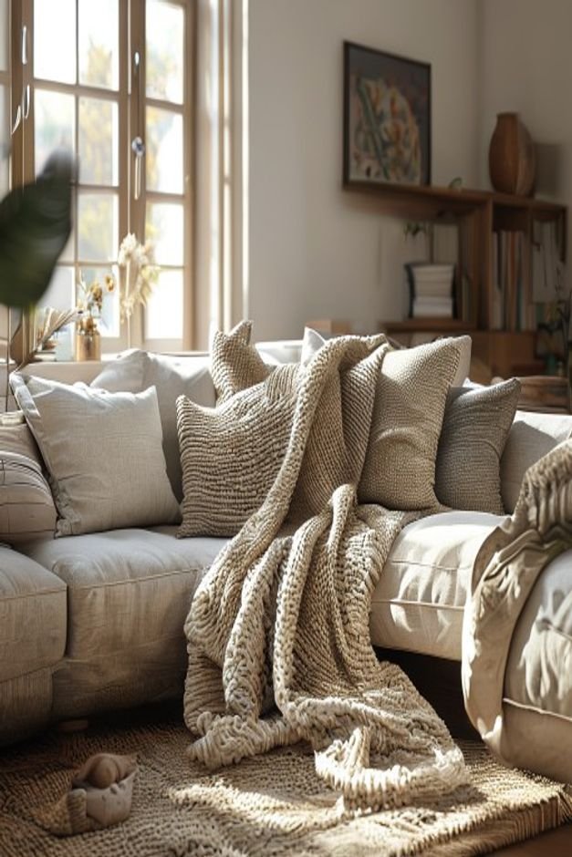 A cozy and inviting living room scene focusing on a sofa with multiple layers of textured textiles a chunky knit throw l