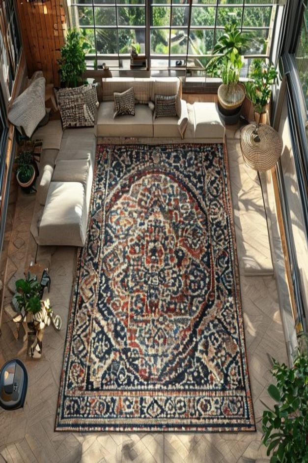 An overhead or slightly elevated shot of an open-plan living space A large patterned area rug clearly defines the living
