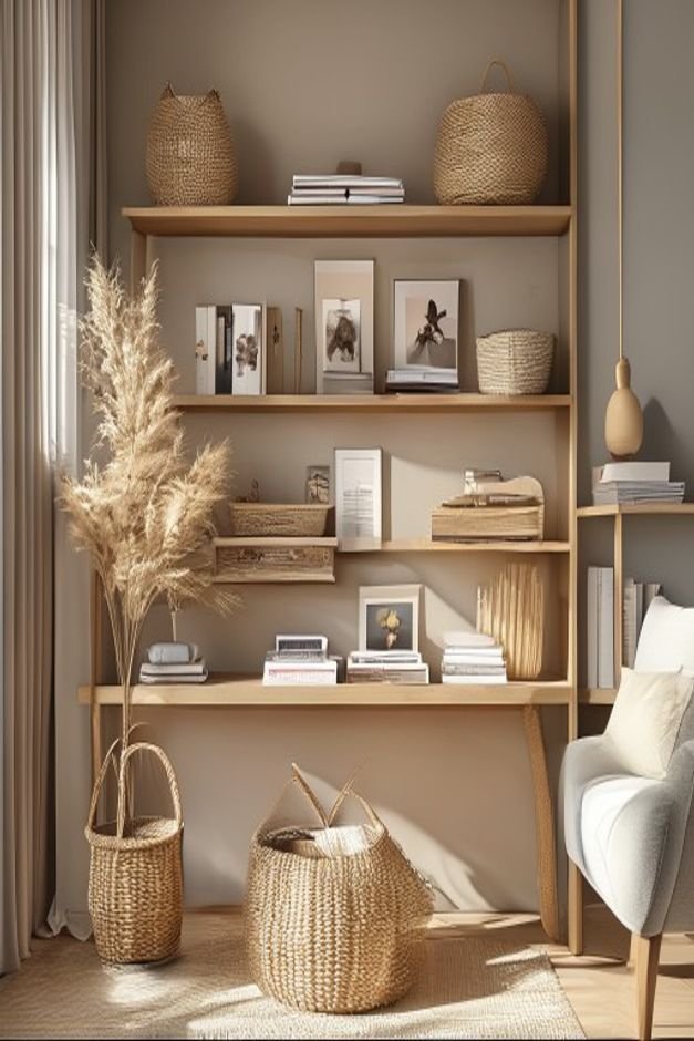 A stylish home office or living room bookshelf featuring decorative storage A beautiful woven basket holds magazines and