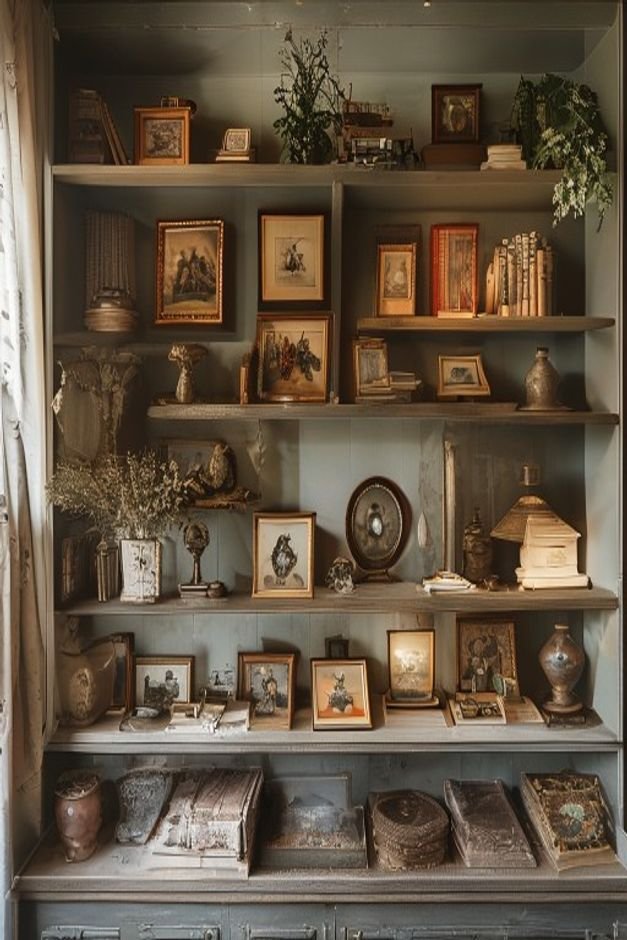 A carefully arranged display of a personal collection on a built-in shelf or credenza This could be a series of antique