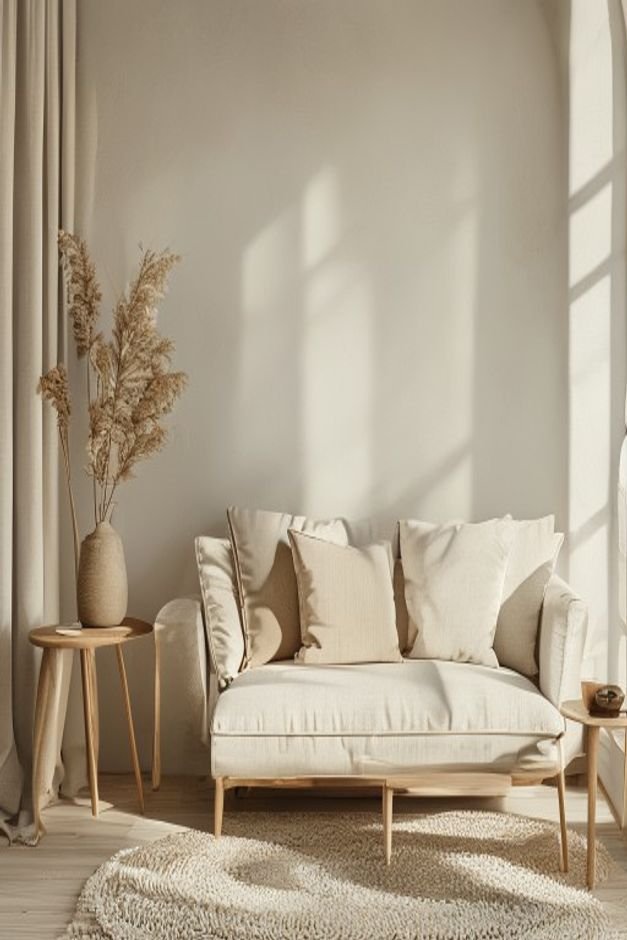 Editorial home photo for Embrace Negative Space, natural light, realistic styling, no text overlay