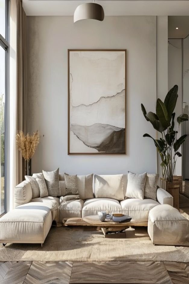 A wide shot of a living room demonstrating perfect scale a large framed piece of art hangs above a substantial sectional