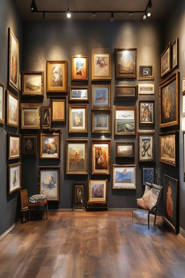 A meticulously arranged gallery wall showcasing various frame sizes and art styles creating a cohesive rectangular shape