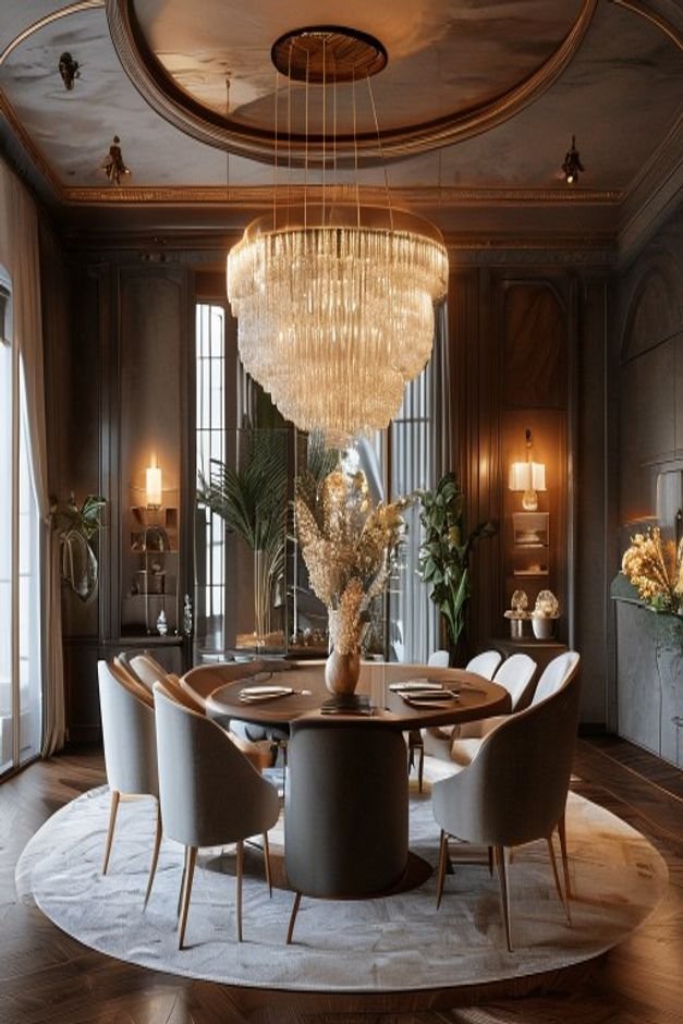An elegant dining room with a large statement chandelier and a substantial round dining table A single oversized piece o