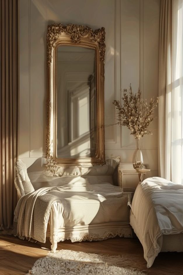 A bedroom featuring a large ornate mirror leaning against a wall reflecting soft light and a simple upholstered headboar