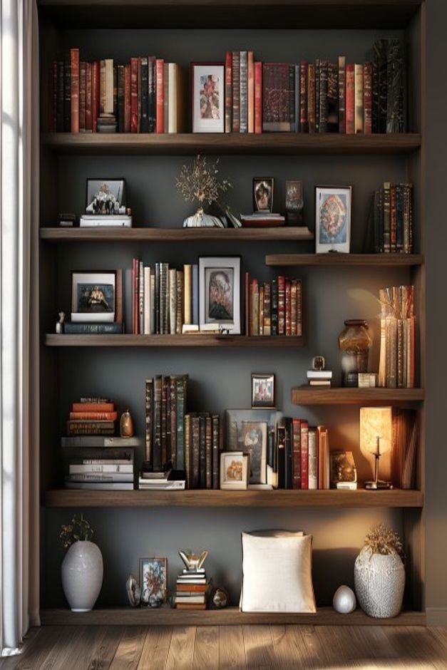 A well-balanced bookshelf with a mix of books decorative objects and small framed photos The arrangement avoids clutter