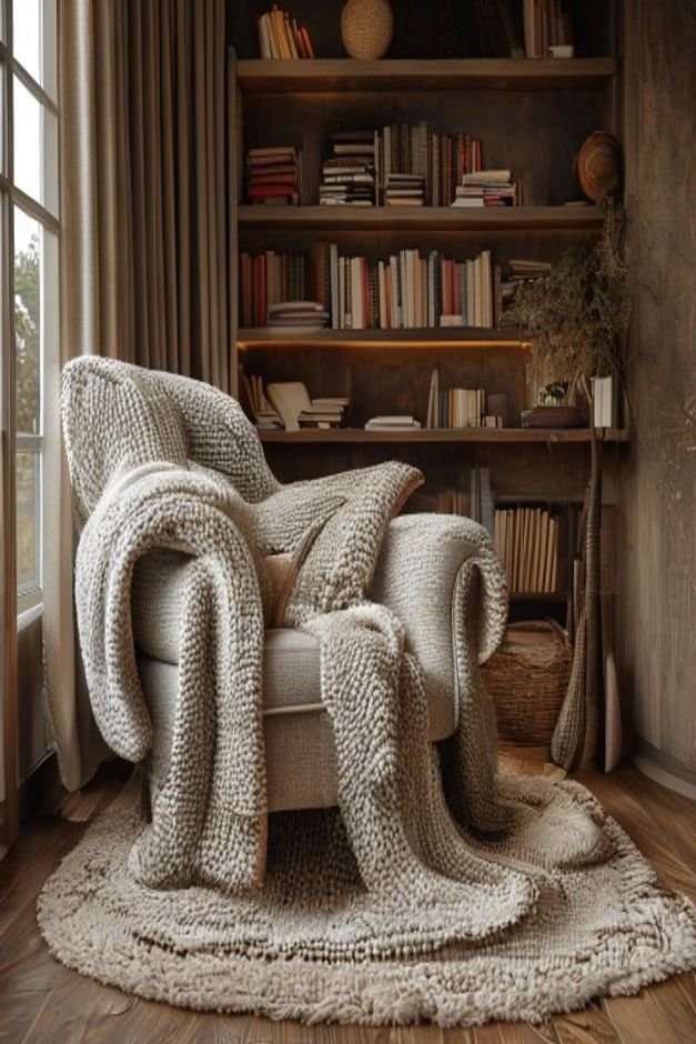 A cozy reading nook showcasing layered textiles a chunky knit throw over an armchair a plush rug underfoot and a subtle