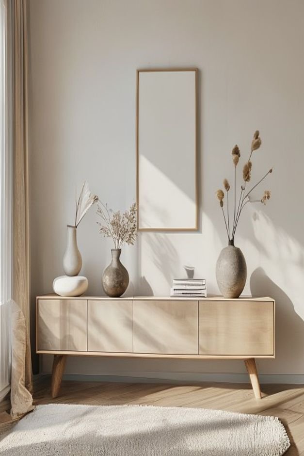 A modern living room where a minimalist console table against a clean wall is adorned with just two sculptural objects a