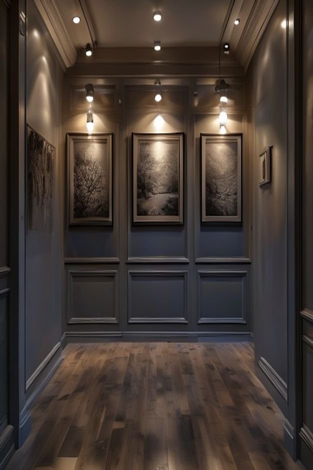 A dramatic hallway with a series of recessed wall lights highlighting three identically framed monochromatic prints The