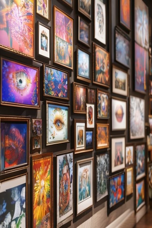 A close-up eye-level shot of a beautifully arranged gallery wall featuring diverse art pieces in varying sizes and frame