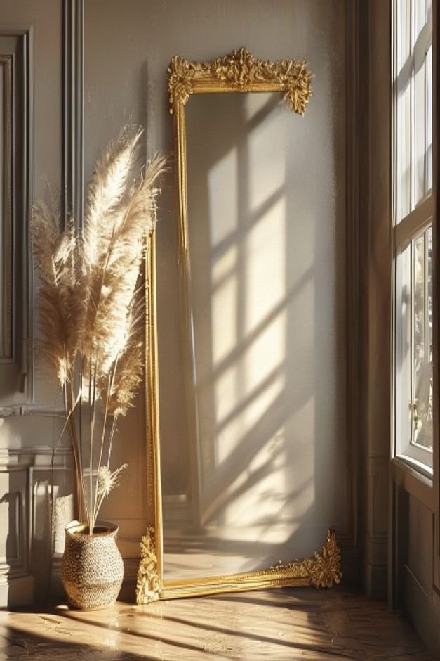 A large ornate gold-framed mirror leaning against a wall in a chic entryway reflecting natural light from an adjacent wi