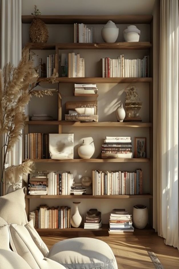 A detail shot of a styled bookshelf in a contemporary living room Shelves display a mix of books ceramic pottery small f