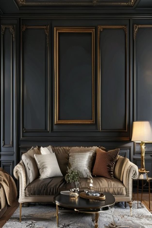 A detail shot of a sophisticated living room wall featuring classic picture frame molding in a contrasting darker paint
