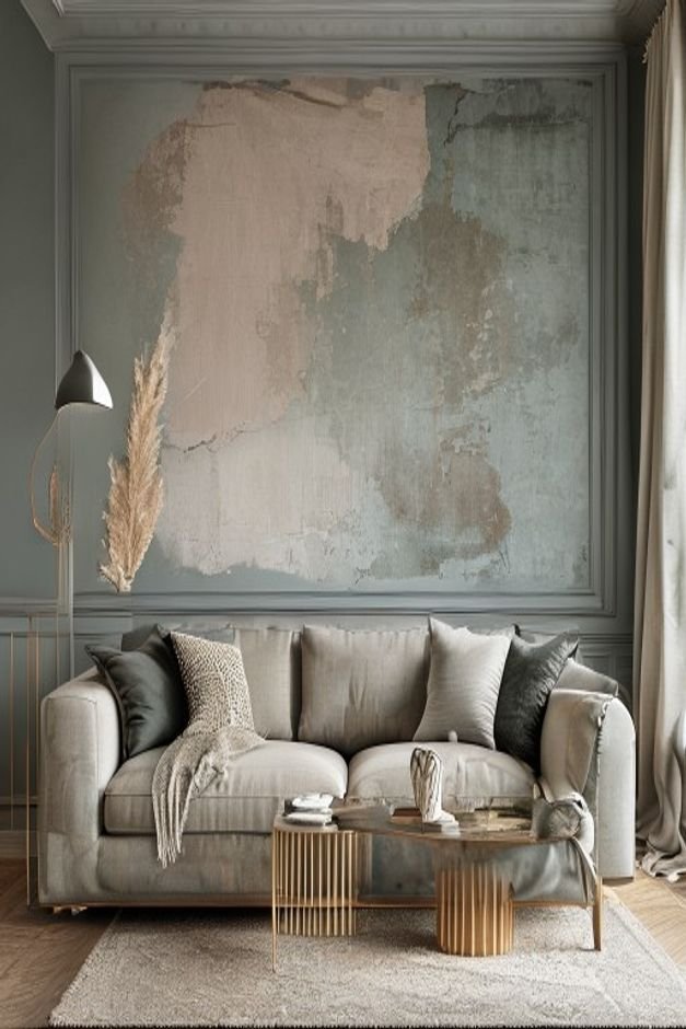 A stylish living room featuring a half-painted accent wall in a muted sophisticated color with the upper portion and cei