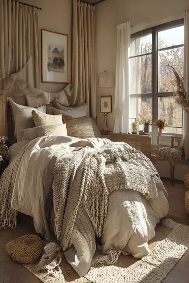 A cozy bedroom scene focused on a bed dressed with layered textiles a chunky knit throw linen duvet and various textured