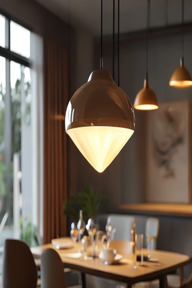 A close-up upward-angled shot of a modern sculptural pendant light hanging over a dining table The light fixture is the