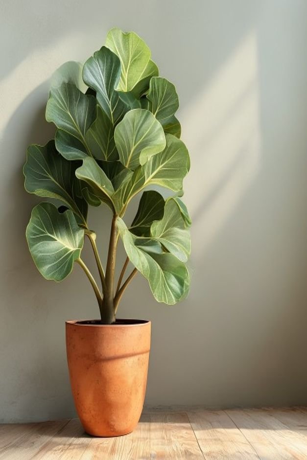 An indoor corner vignette featuring a large healthy fiddle-leaf fig plant in a terracotta pot next to a natural wood sid