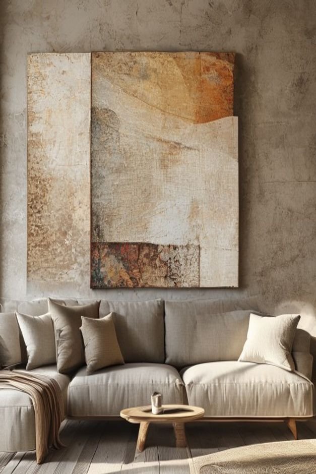 A close-up medium shot of a living room wall featuring a single oversized abstract art piece with a textured canvas hang