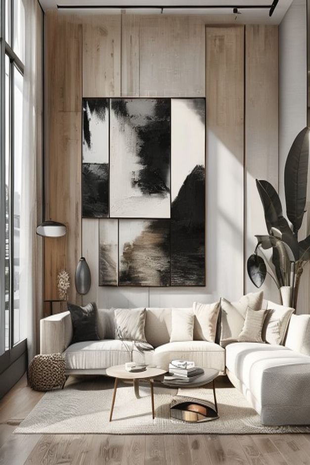 A meticulously arranged gallery wall in a contemporary living room showcasing a mix of black white and natural wood fram
