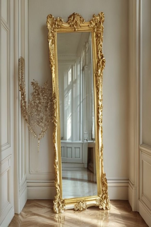 A full-length ornate gold-framed mirror leaning against a light-colored wall in a hallway reflecting a glimpse of an adj