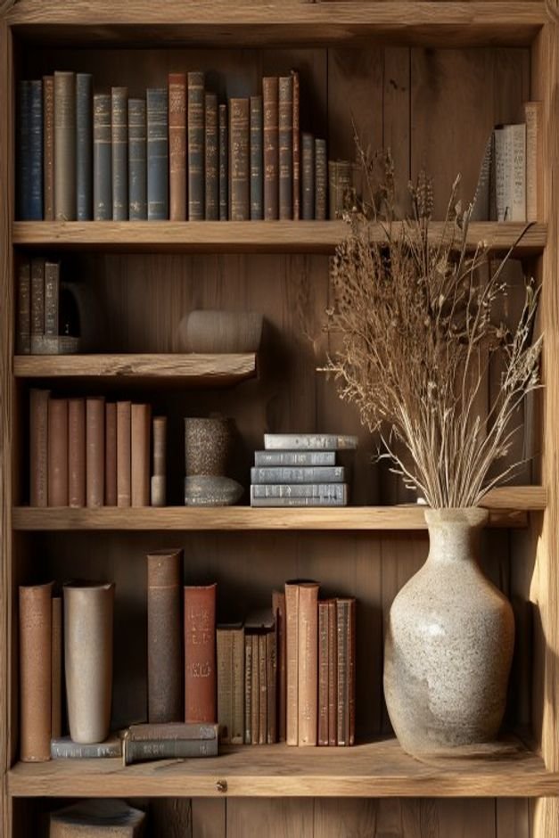 A detailed shot of an open bookshelf styled with a mix of hardcover books ceramic vases in different shapes a small fram