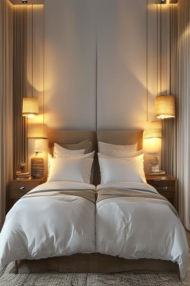 A bedroom scene featuring two identical bedside tables with matching lamps flanking a large headboard On one table a sta