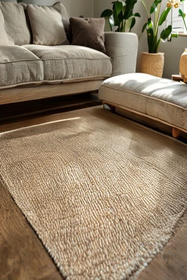 A close-up inviting scene of a layered rug arrangement in a living room A large natural jute rug serves as the base topp