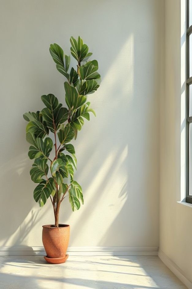 A bright airy corner of a room featuring a tall healthy fiddle-leaf fig tree in a terracotta pot Next to it a small side