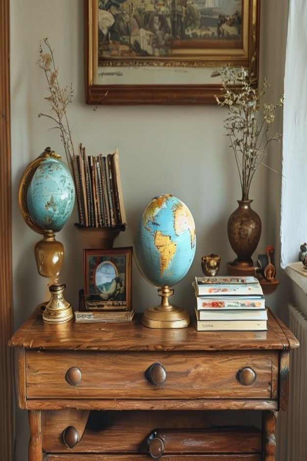 A vignette on a vintage wooden console table displaying a collection of travel souvenirs a small ceramic globe a stack o