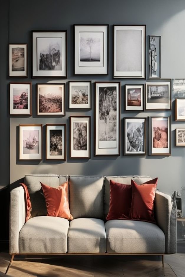 A close-up shot of a meticulously arranged gallery wall featuring various framed prints and photographs in a modern livi