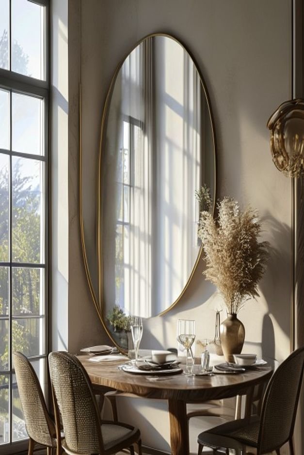 An elegant oversized round mirror strategically placed on a wall in a dining area reflecting a beautiful window view and