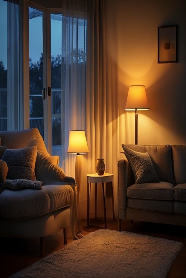 A cozy corner of a living room at dusk illuminated by the soft glow of a table lamp on a side table and a floor lamp beh