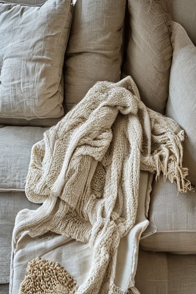 A detailed flat lay of various home textiles a chunky knit throw blanket draped over a sofa arm a linen cushion a woven
