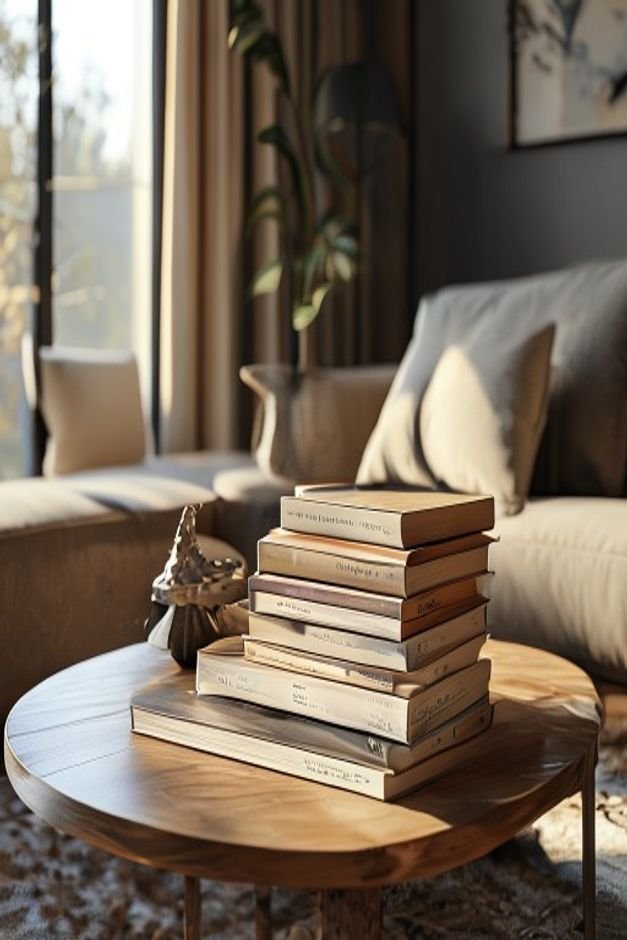 A beautifully styled coffee table in a contemporary living room featuring a stack of art books a small sculptural object