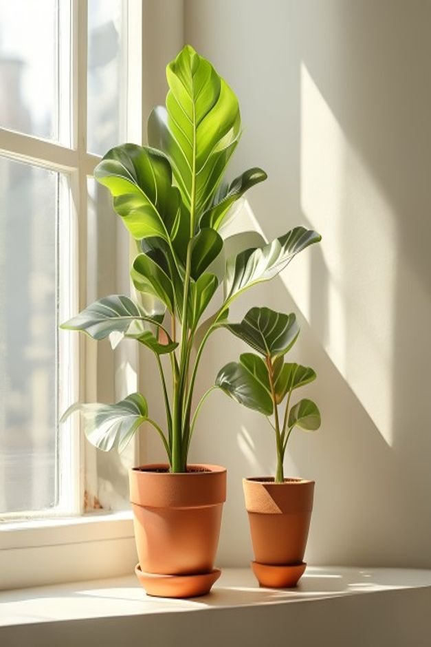 A bright airy corner showcasing a large healthy fiddle leaf fig plant in a stylish terracotta pot next to a window Small