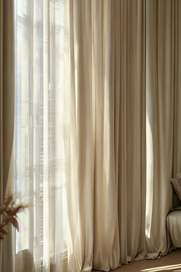 A close-up of a window dressed with elegant floor-length linen curtains in a neutral tone gently diffusing natural light