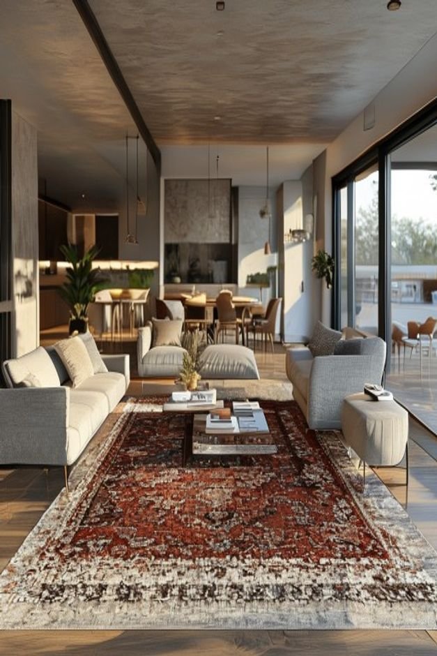 A wide shot of an open-concept living and dining area where a large textured area rug clearly defines the seating arrang