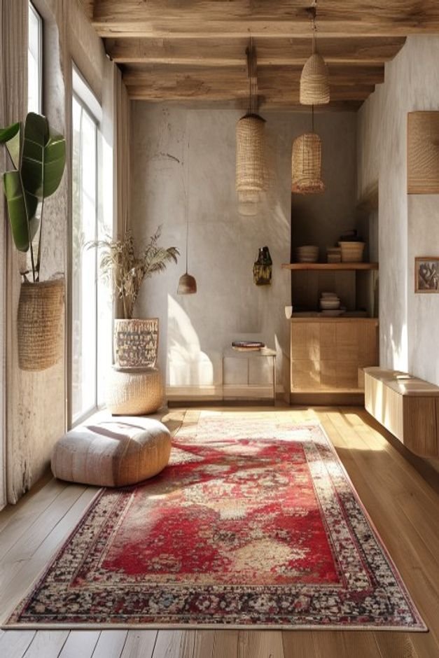 Editorial home photo for Define Spaces with Rugs, natural light, realistic styling, no text overlay