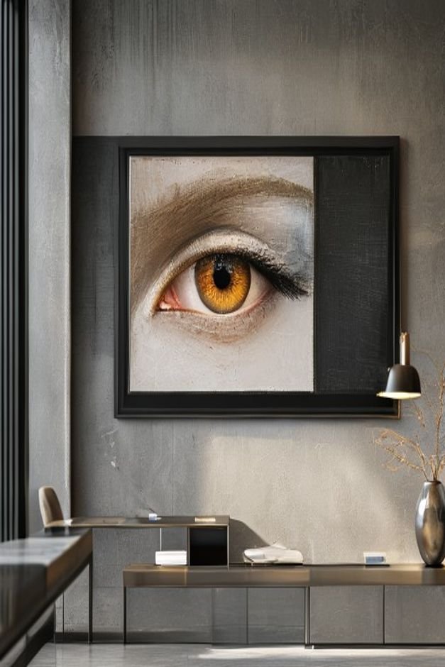 A close-up eye-level shot of an oversized framed abstract painting with subtle texture hanging above a sleek modern cred