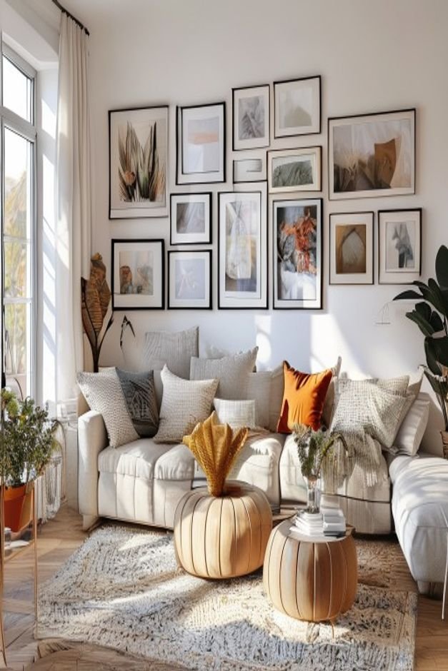 A perfectly curated gallery wall in a bright airy living room Mixed media frames of various sizes and finishes featuring