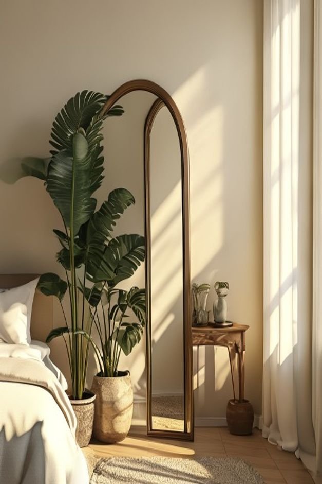 A full-length arch-top mirror leaning against a warm off-white wall in a bedroom corner reflecting a lush potted plant a
