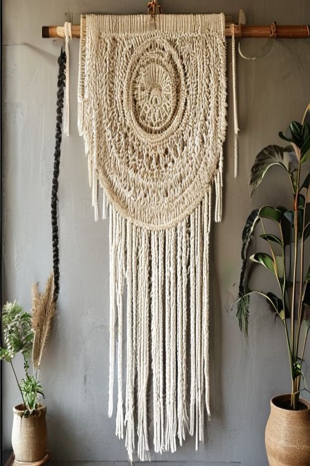 A detailed shot of a large hand-woven macrame wall hanging with intricate patterns and fringe displayed above a simple w