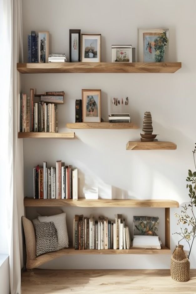 A set of open floating shelves on a white wall in a cozy reading nook The shelves are styled with a mix of hardcover boo