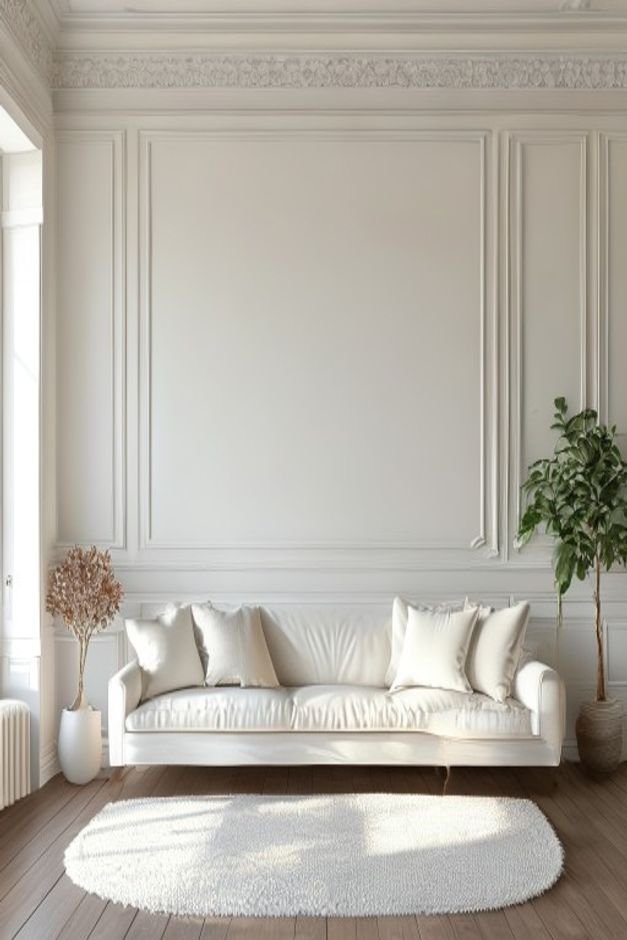 A crisp clean living room wall featuring elegant wainscoting and crown molding painted in a subtle shade of off-white A