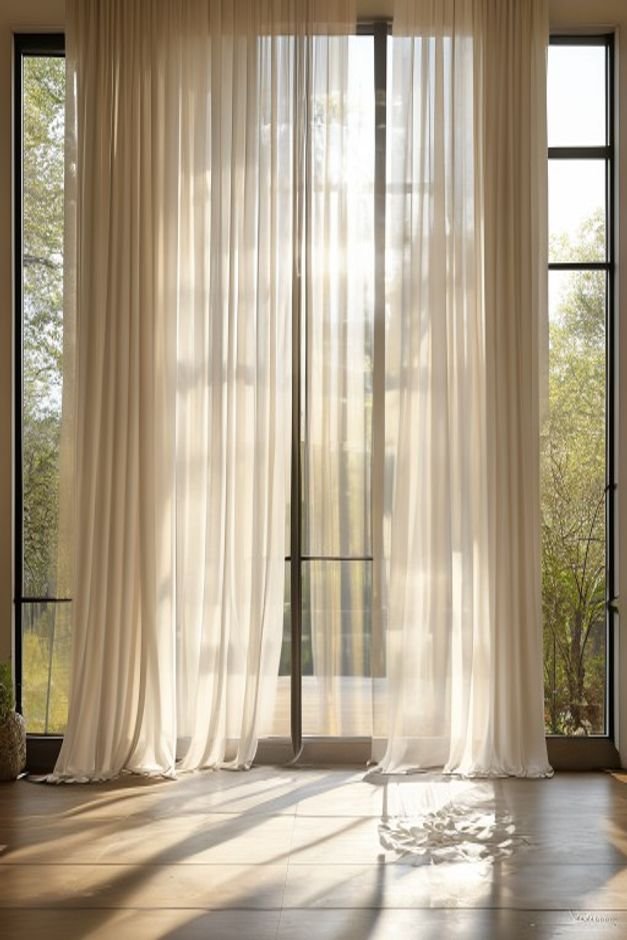 A wide floor-to-ceiling sheer linen curtain panel gracefully framing a large window letting in soft filtered sunlight Th