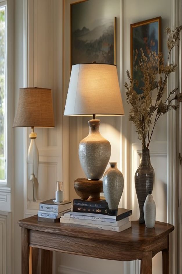 A meticulously arranged console table in an entryway On the table a sculptural ceramic lamp a stack of design books a sm