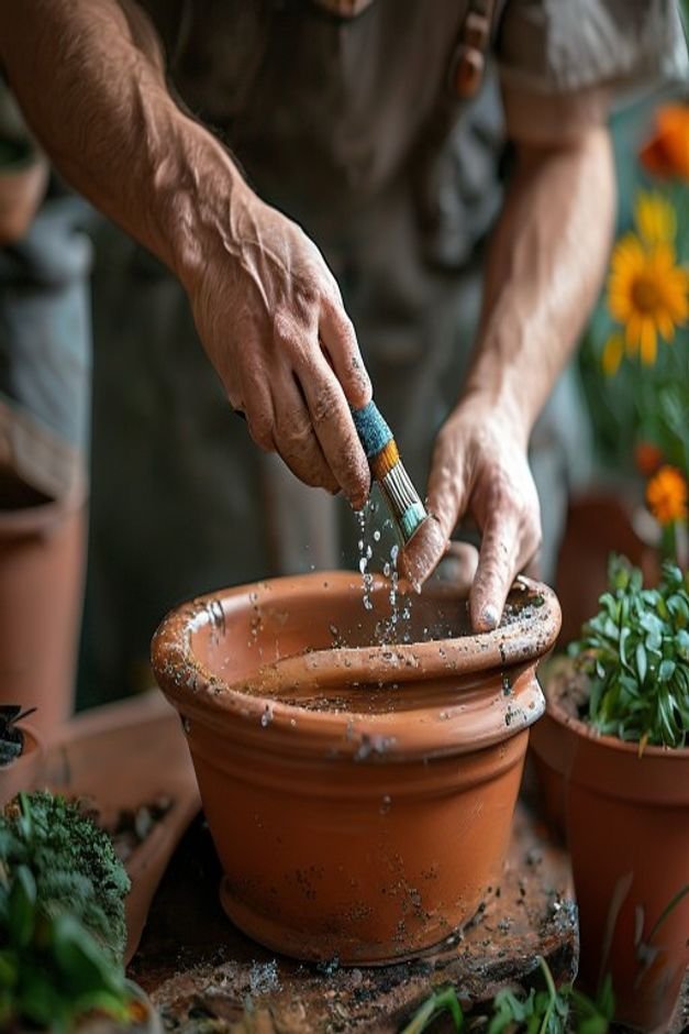 Close-up of a gardener s hands gently cleaning a terracotta pot with a brush and water before painting The pot is on a d