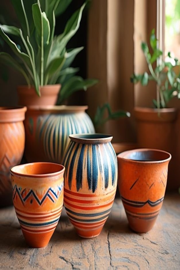 A collection of terracotta pots showcasing crisp hand-painted stripes and geometric patterns One pot has bold vertical s