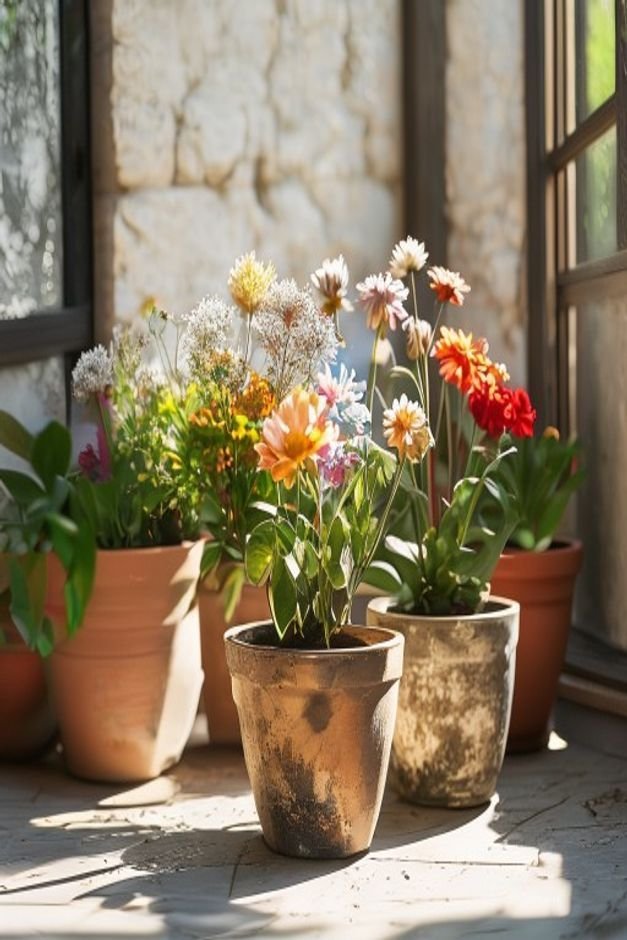 A grouping of flower pots on a sunny patio displaying various dry-brush and color-wash techniques One pot has a soft age